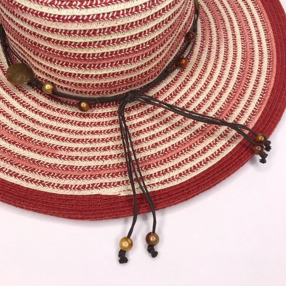 SUN N SAND Red Woven Beach Hat With Beaded Trim